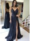 Long Navy Blue Sequin Tulle Prom Dress Formal Evening Gowns 901316
