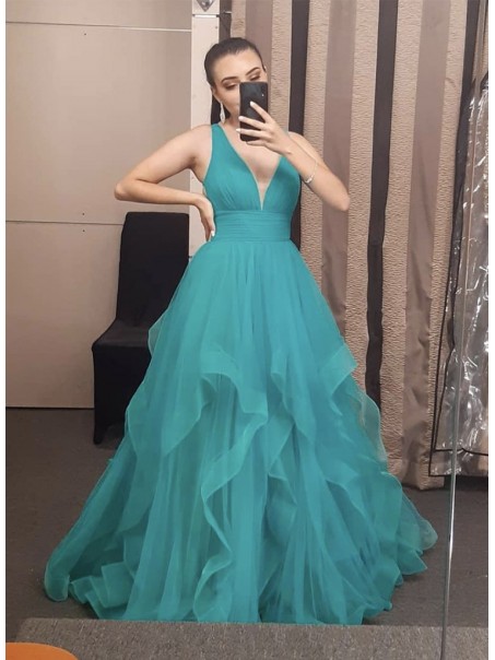 Long Tulle V Neck Prom Dress Formal Evening Gowns 901320