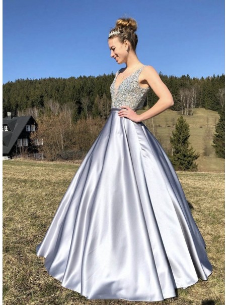 A-Line Long Satin Beaded Prom Dress Formal Evening Gowns 901321