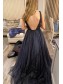 A-Line Long Navy Blue Sparkle Prom Dress Formal Evening Gowns 901322
