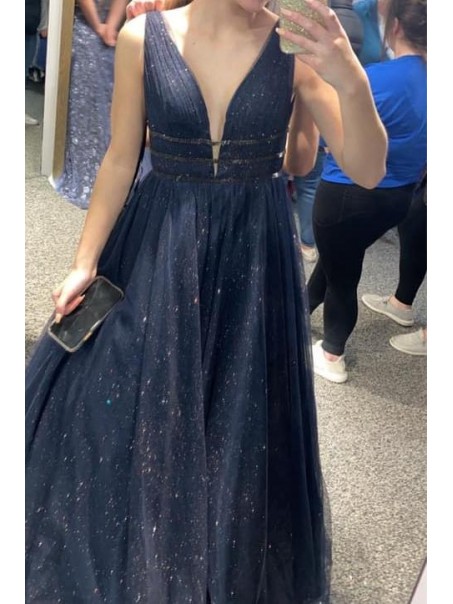 A-Line Long Navy Blue Sparkle Prom Dress Formal Evening Gowns 901322