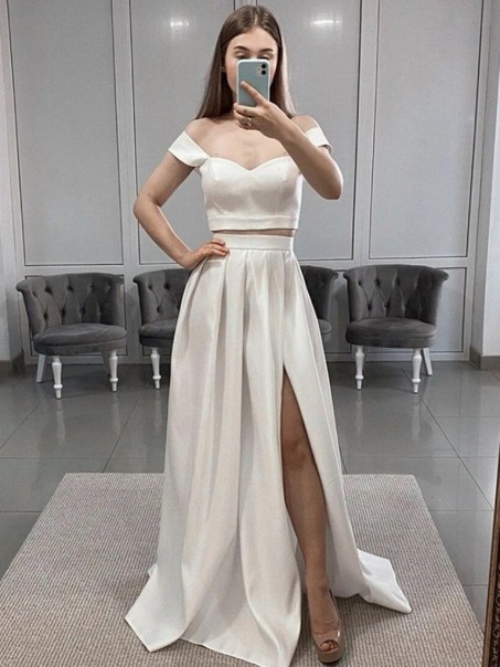 A-Line Two Pieces Long White Prom Dress Formal Evening Gowns 901323