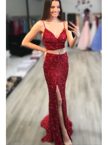 Two Pieces Sparkle Sequin Prom Dress Formal Evening Gowns 901325
