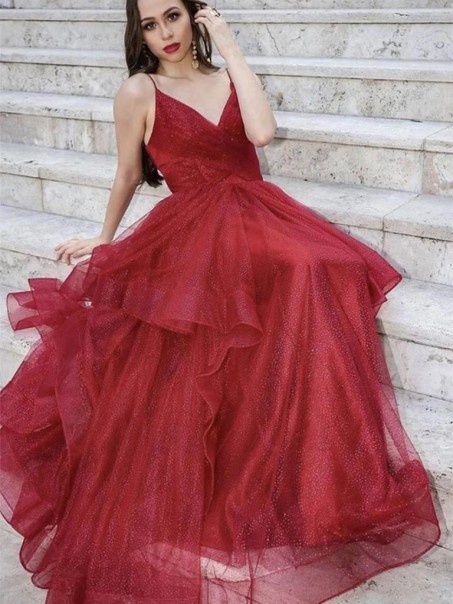 A-Line Long Burgundy Sparkle Tulle Prom Dress Formal Evening Gowns 901326