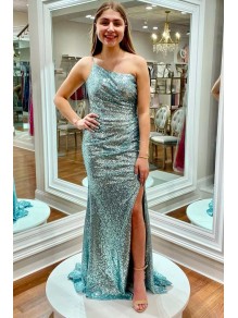 Elegant Mermaid One Shoulder Sequins Prom Dresses Formal Evening Gowns 901330