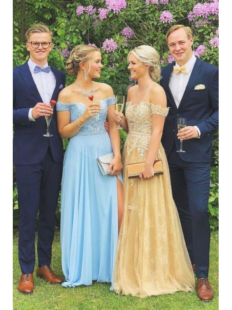 A-Line Long Blue Chiffon and Lace Prom Dress Formal Evening Gowns 901333