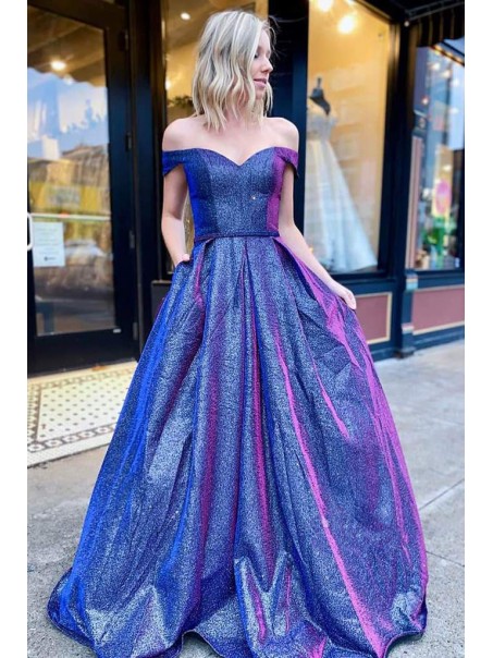 Long Blue Sparkly Off the Shoulder Prom Dress Formal Evening Gowns 901334