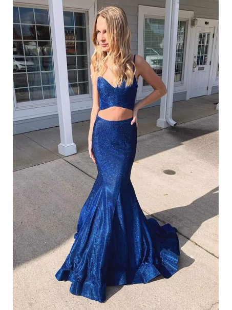 Long Royal Blue Mermaid Two Pieces Sparkle Prom Dress Formal Evening Gowns 901335
