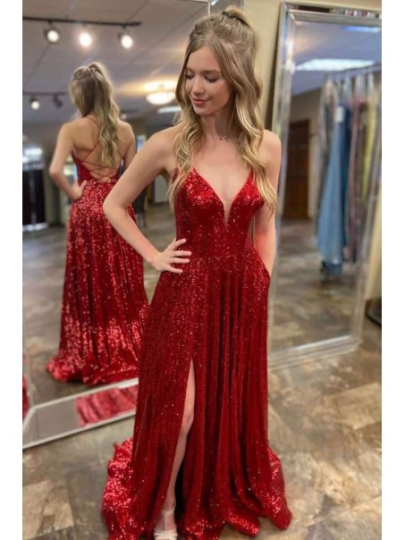 Long Red Sequin Tulle Prom Dress Formal Evening Gowns 901336