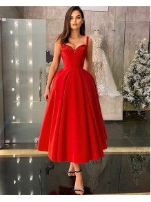 Elegant Tea Length Red Prom Dress Formal Evening Gowns 901339