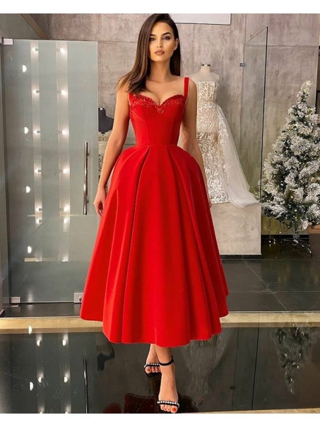 Elegant Tea Length Red Prom Dress Formal Evening Gowns 901339