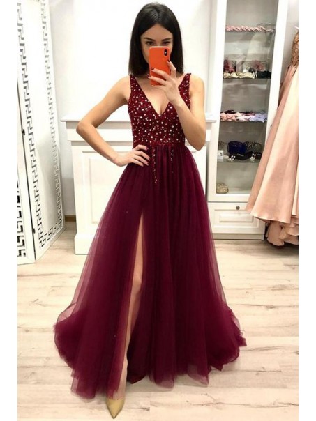 A-Line Lace and Tulle V Neck Prom Dress Formal Evening Gowns 901340