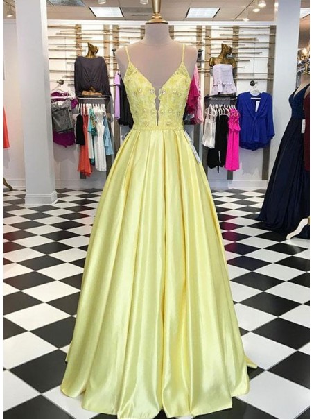A-Line Long Yellow Lace and Satin Prom Dress Formal Evening Gowns 901341