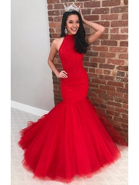 Long Red Mermaid High Neck Prom Dress Formal Evening Gowns 901343