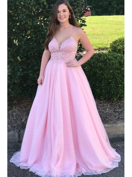 A-Line Long Pink Lace Prom Dress Formal Evening Gowns 901344