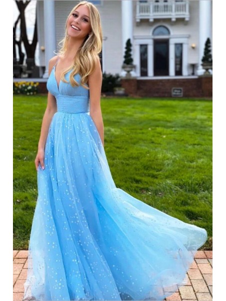 Long Blue V Neck Tulle Prom Dress Formal Evening Gowns 901345