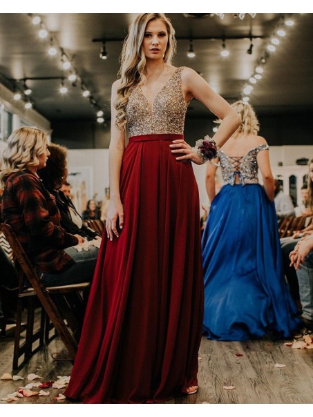 A-Line Beaded V Neck Prom Dress Formal Evening Gowns 901346