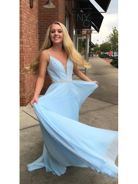 Long Blue Chiffon Beaded Prom Dress Formal Evening Gowns 901348