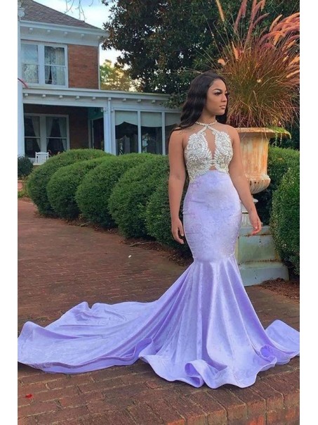 Elegant Mermaid Lavender Beaded Lace Prom Dress Formal Evening Gowns 901352
