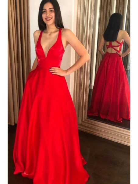 A-Line Long Red V Neck Prom Dress Formal Evening Gowns 901353