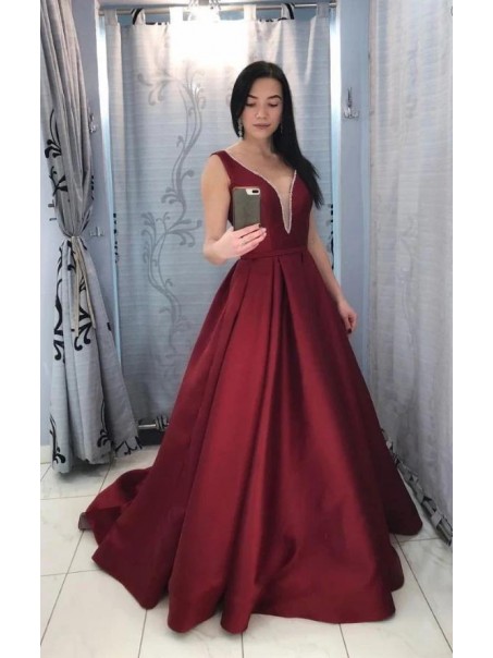 A-Line Long Satin V Neck Prom Dress Formal Evening Gowns 901354