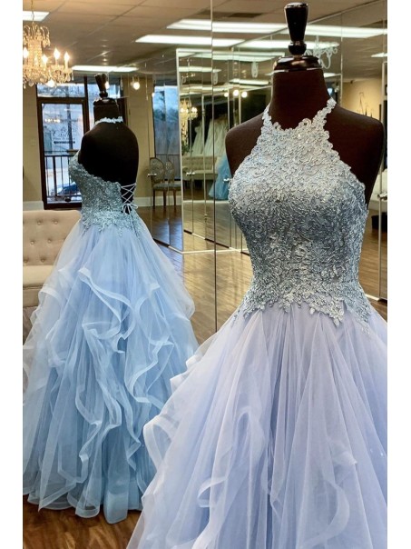 Elegant Halter Tulle and Lace Long Prom Dress Formal Evening Gowns 901355