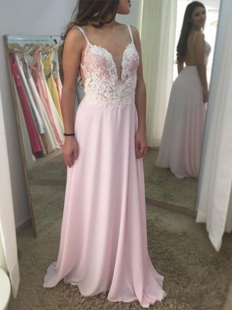 Long Pink Lace and Tulle Prom Dress Formal Evening Gowns 901356