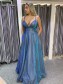A-Line Long Blue V Neck Sparkle Prom Dress Formal Evening Gowns 901359