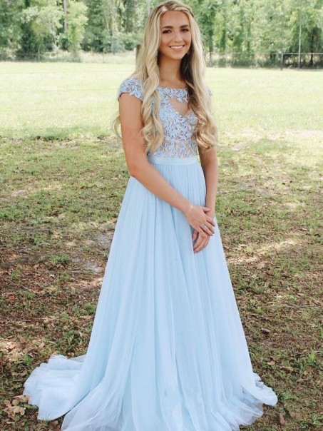 A-Line Long Blue Chiffon and Lace Prom Dress Formal Evening Gowns 901362