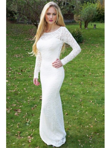 Long White Mermaid Lace Prom Dress Formal Evening Gowns 901363