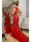 Long Red Mermaid One Shoulder Lace Prom Dress Formal Evening Gowns 901364