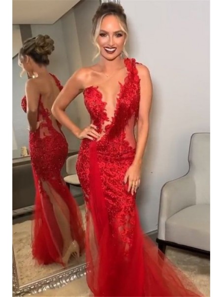 Long Red Mermaid One Shoulder Lace Prom Dress Formal Evening Gowns 901364