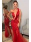 Long Red Mermaid One Shoulder Lace Prom Dress Formal Evening Gowns 901364