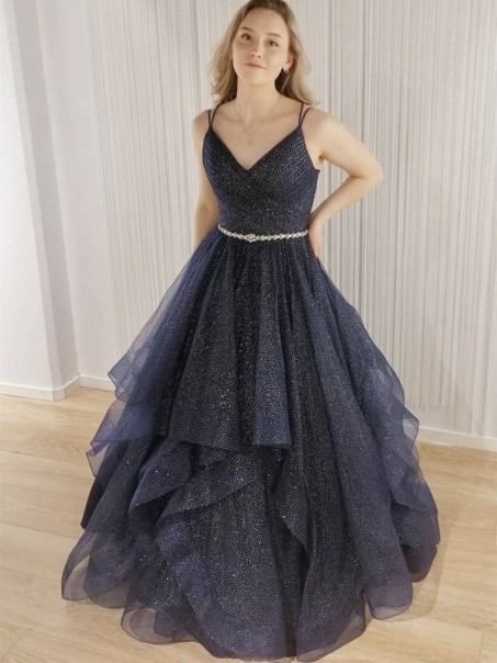 A-Line Sparkle Tulle Long Prom Dress Formal Evening Gowns 901366