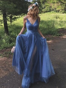 Long Blue Lace and Tulle Prom Dress Formal Evening Gowns 901367