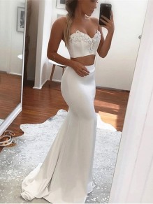 Long White Mermaid Two Pieces Prom Dress Formal Evening Gowns 901380 Long White Mermaid Two Pieces Prom Dress Formal Evening Gowns 901380