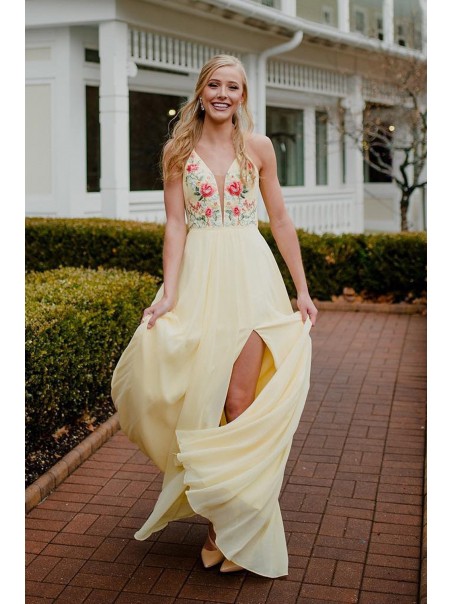 Long Yellow Embroidered Chiffon Prom Dress Formal Evening Gowns 901388