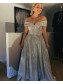 A-Line Off the Shoulder Sparkle Prom Dress Formal Evening Gowns 901408