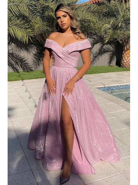 A-Line Off the Shoulder Sparkle Prom Dress Formal Evening Gowns 901408