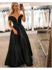 Long Black Off the Shoulder Prom Dress Formal Evening Gowns 901410