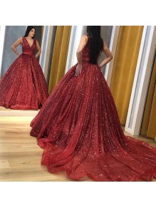 A-Line V Neck Sparkle Prom Dress Formal Evening Gowns 901420