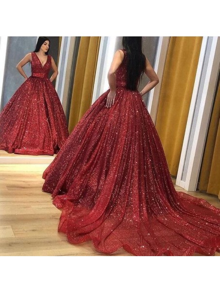 A-Line V Neck Sparkle Prom Dress Formal Evening Gowns 901420