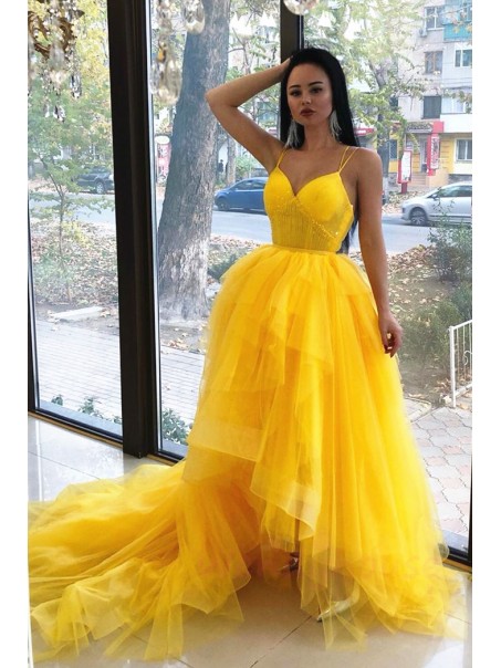 Long Yellow Spaghetti Straps Prom Dress Formal Evening Gowns 901424