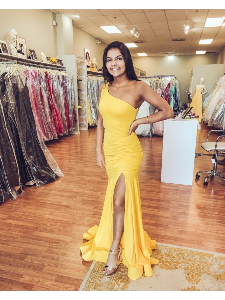 Long Yellow Mermaid One Shoulder Prom Dress Formal Evening Gowns 901428