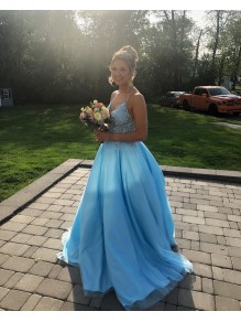 Long Blue Lace and Tulle Beaded Prom Dress Formal Evening Gowns 901429