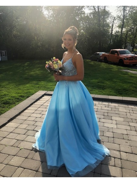 Long Blue Lace and Tulle Beaded Prom Dress Formal Evening Gowns 901429