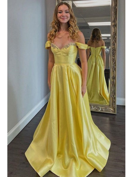 A-Line Long Yellow Beaded Prom Dress Formal Evening Gowns 901438