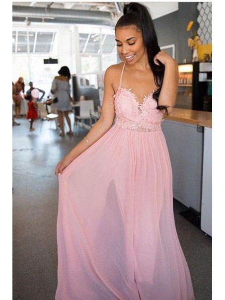 Long Pink Chiffon and Lace Prom Dress Formal Evening Gowns 901439