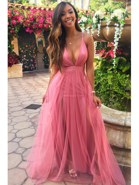 Long Tulle Deep V Neck Spaghetti Straps Prom Dress Formal Evening Gowns 901440