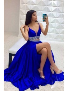 Long Royal Blue Two Pieces Beaded Prom Dress Formal Evening Gowns 901441